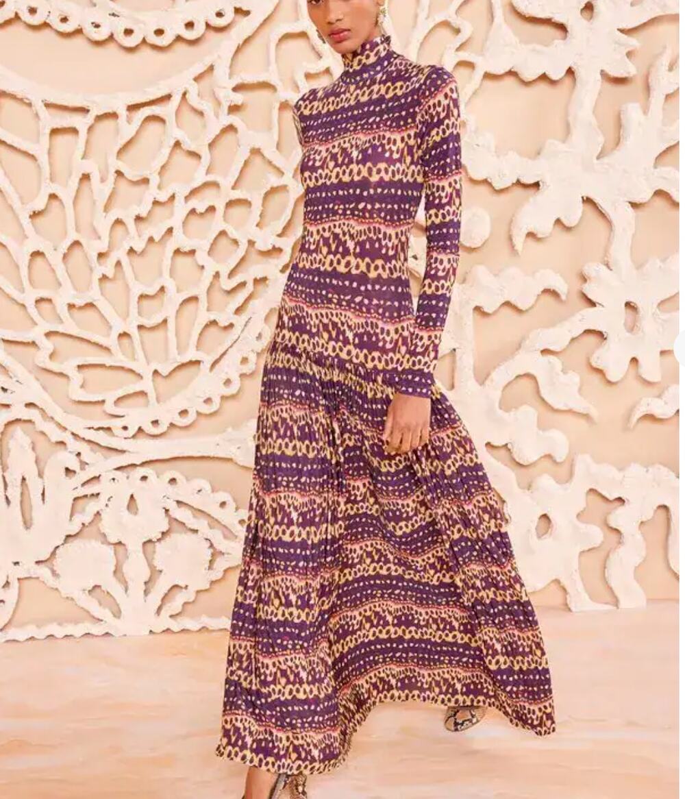 Ulla Johnson Brown Batik Maxi Dress Small Long Sleeve Drop Waist Slinky $600